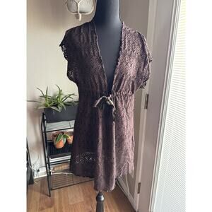 Becca Brown Crochet Swim Cover Front Tie Summer Boho Style Size XS/S V Neck